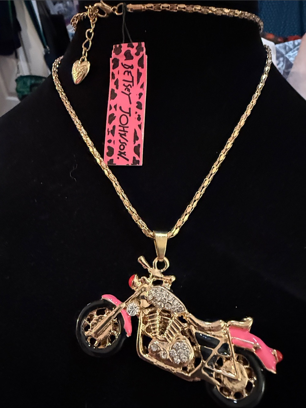 NWT & Retired Betsey Johnson 17.5” Gold and Pink Motorcycle Pendant Necklace